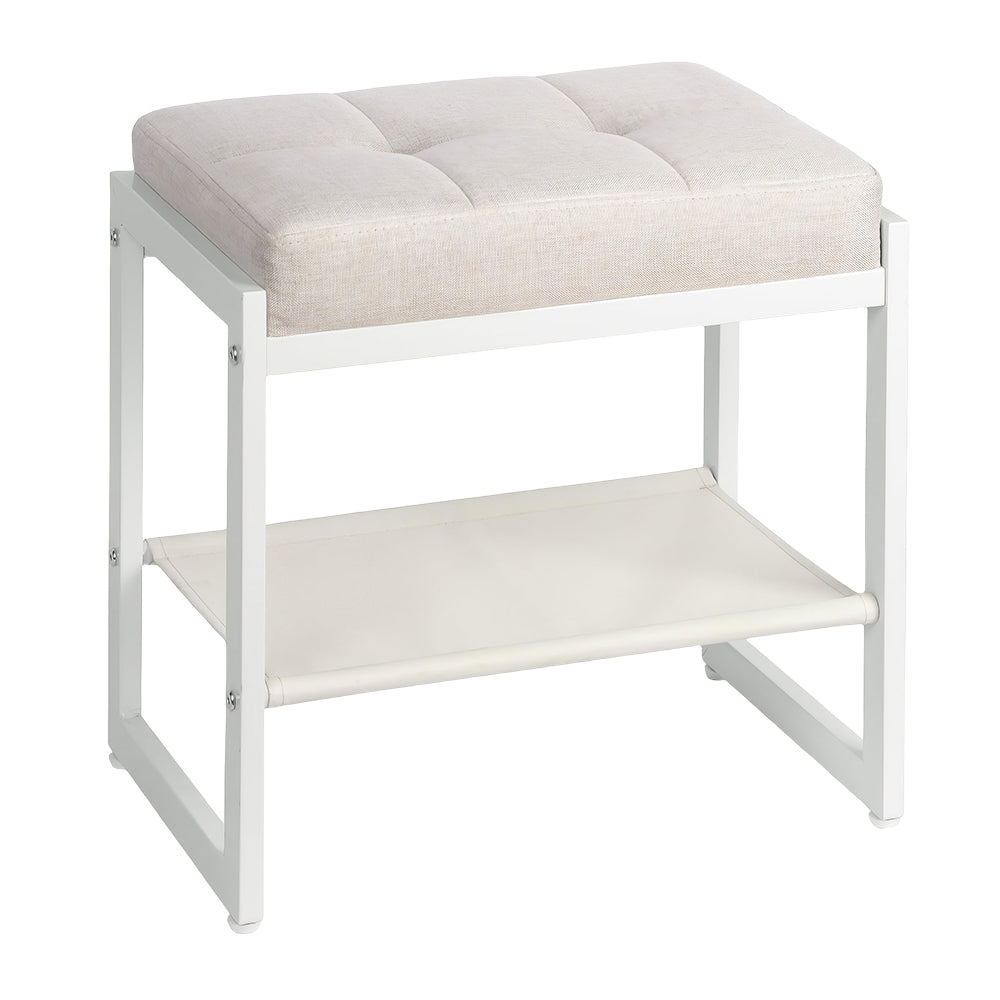 Faux Leather Vanity Stool with Gold Metal Legs & Storage Shelf, White