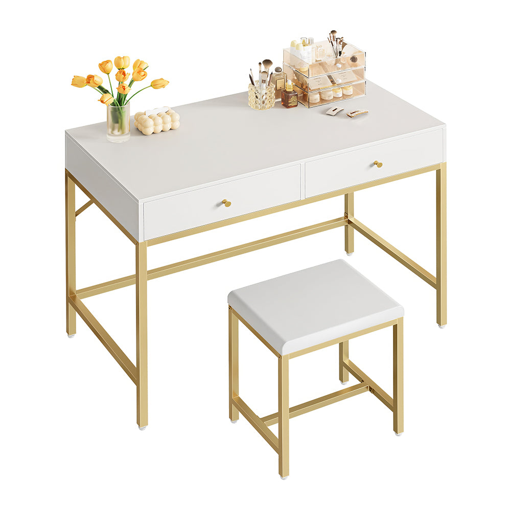 35.4" White & Gold Desk with 2 Drawers, Makeup Vanity & Padded Stool
