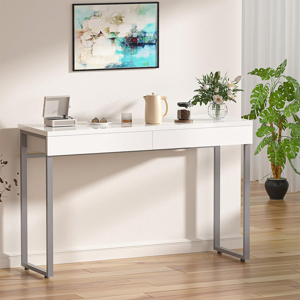Vanity Desk with 2 Drawers, Glossy White Makeup Table for Bedroom, Small Desk