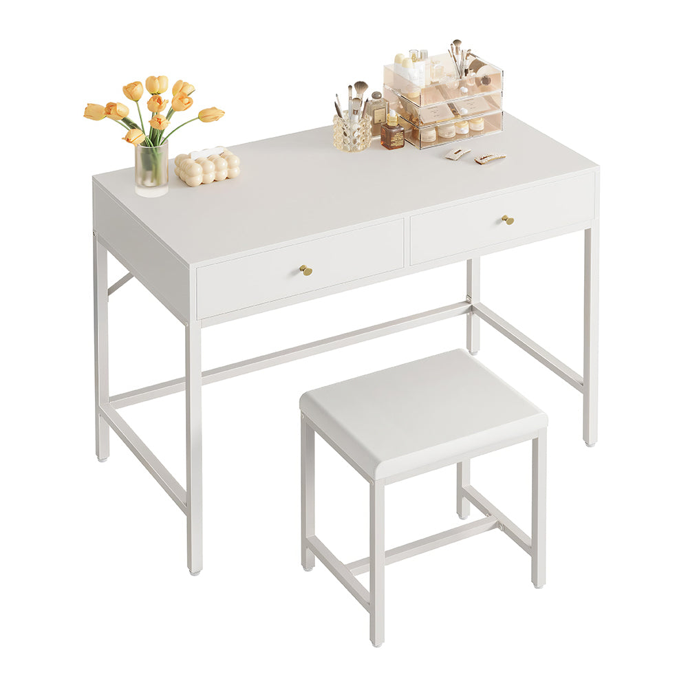 35.4" White & Gold Desk with 2 Drawers, Makeup Vanity & Padded Stool