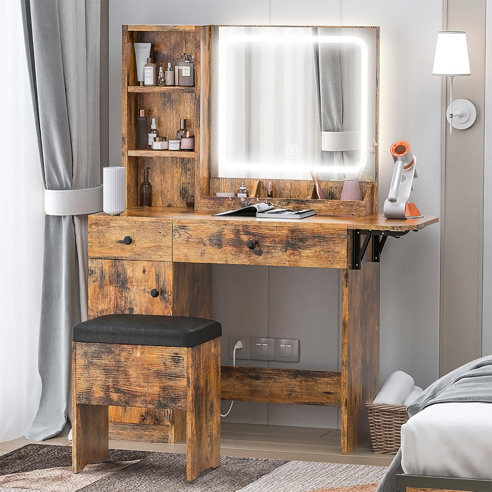 Vanity Desk with LED Lighted Mirror, Power Outlet & Storage Stool, White