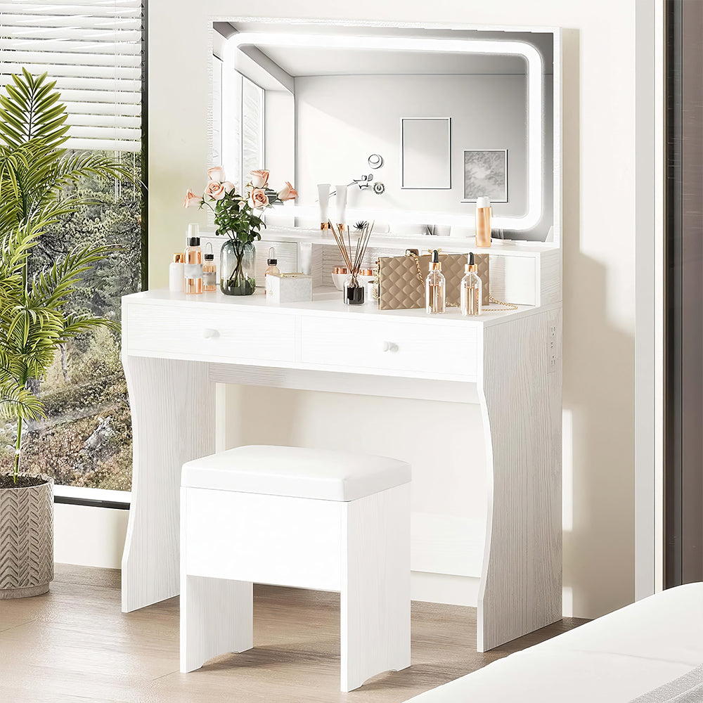 Vanity Desk with LED Mirror & Power Outlet, 4 Drawers, White Makeup Table