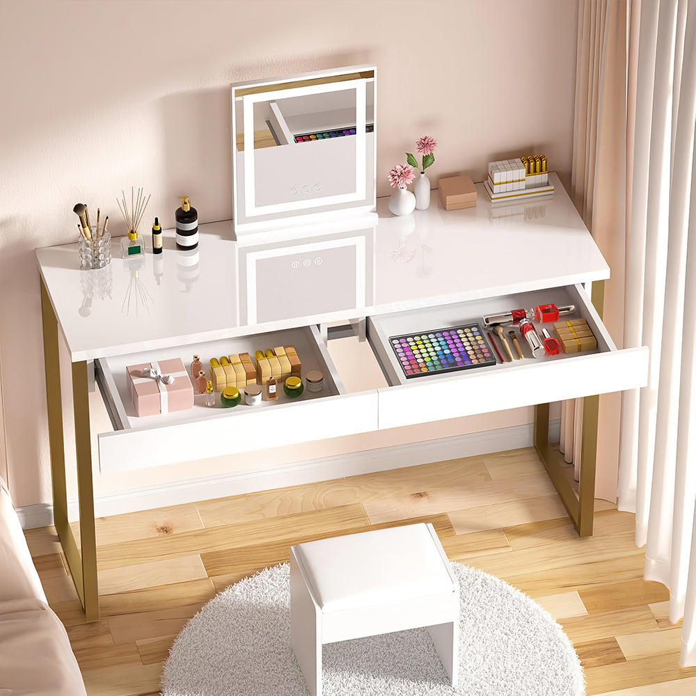 Vanity Desk with 2 Drawers, Glossy White Makeup Table for Bedroom, Small Desk