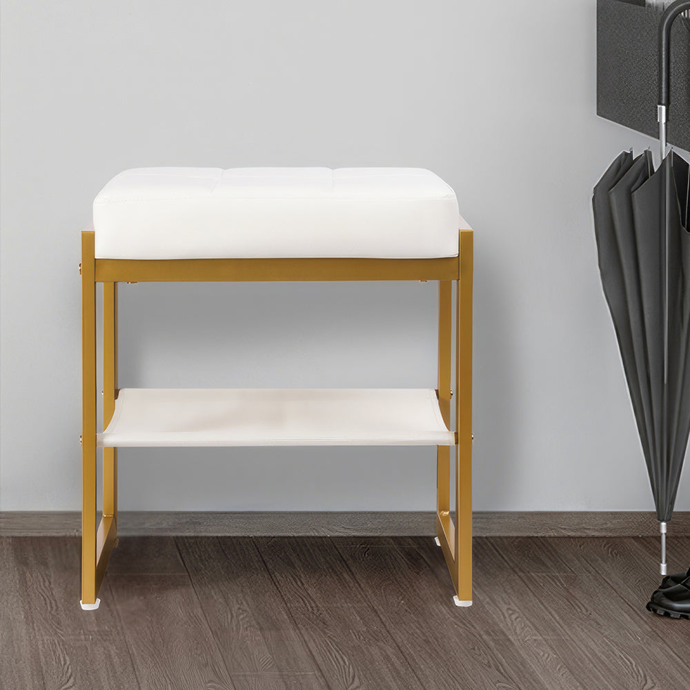 Faux Leather Vanity Stool with Gold Metal Legs & Storage Shelf, White