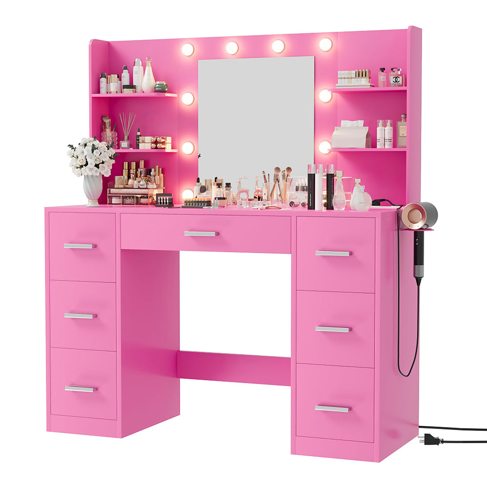 Vanity Desk with Mirror, LED Lights, Power Outlet & 7 Drawers, White