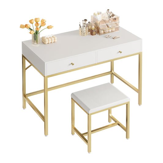 35.4" White & Gold Desk with 2 Drawers, Makeup Vanity & Padded Stool