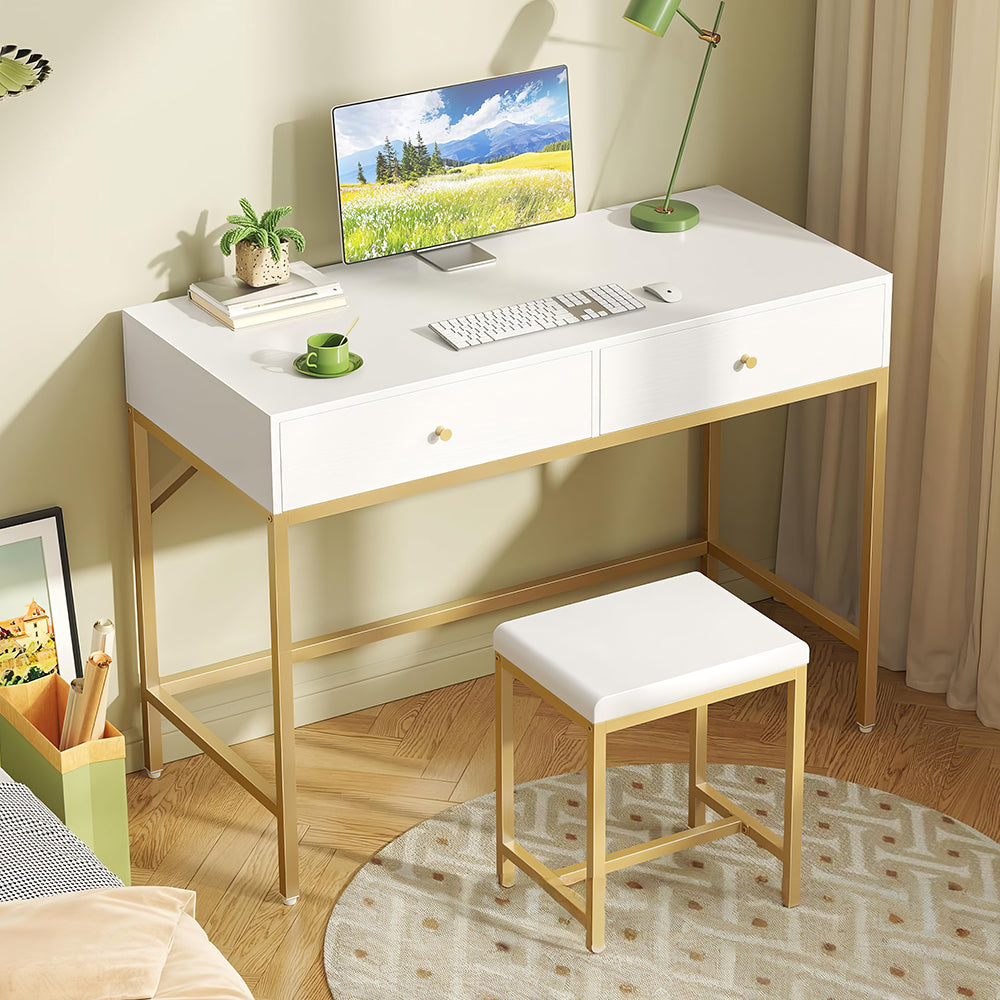 35.4" White & Gold Desk with 2 Drawers, Makeup Vanity & Padded Stool
