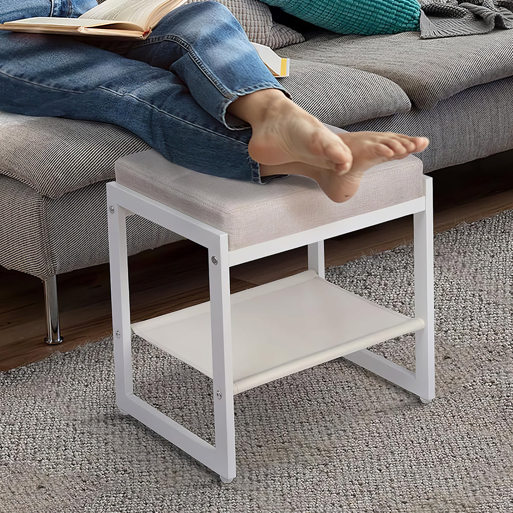 Faux Leather Vanity Stool with Gold Metal Legs & Storage Shelf, White