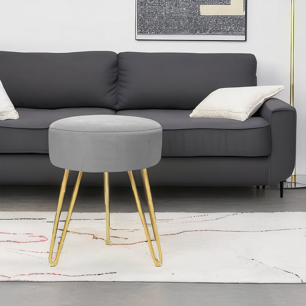 Velvet Round Vanity Stool with Golden Metal Legs, Modern Footrest