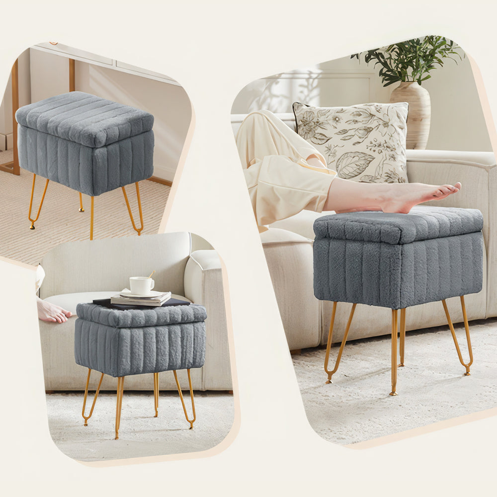 Vanity Stool with Storage, Faux Fur Padded Makeup Chair, 18.9”H