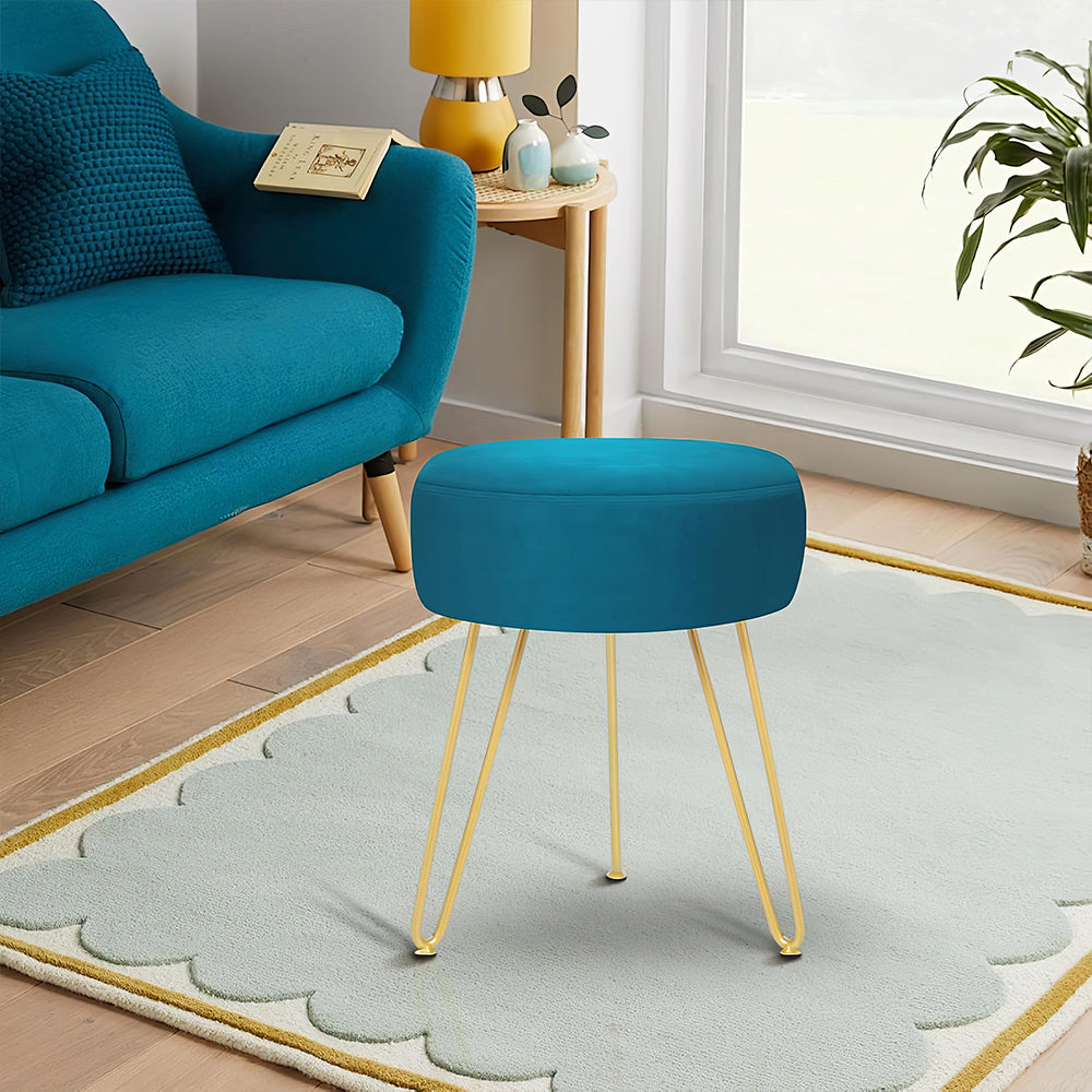 Velvet Round Vanity Stool with Golden Metal Legs, Modern Footrest
