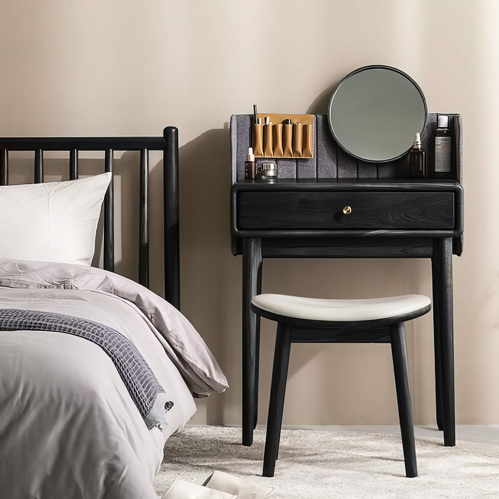 Modern Vanity Stool with Concave Seat, Black Wooden Makeup Chair, 300lb