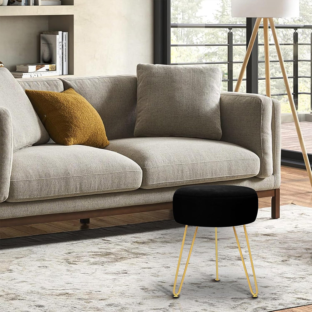 Velvet Round Vanity Stool with Golden Metal Legs, Modern Footrest