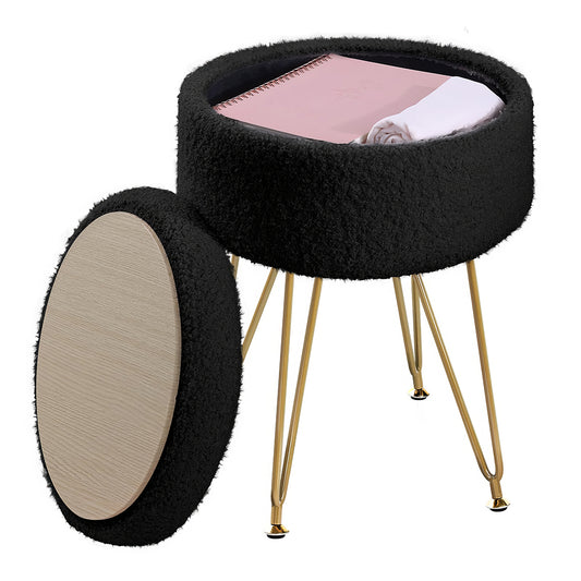 Round Storage Ottoman Footrest Stool, Vanity Chair with Faux Teddy Fur