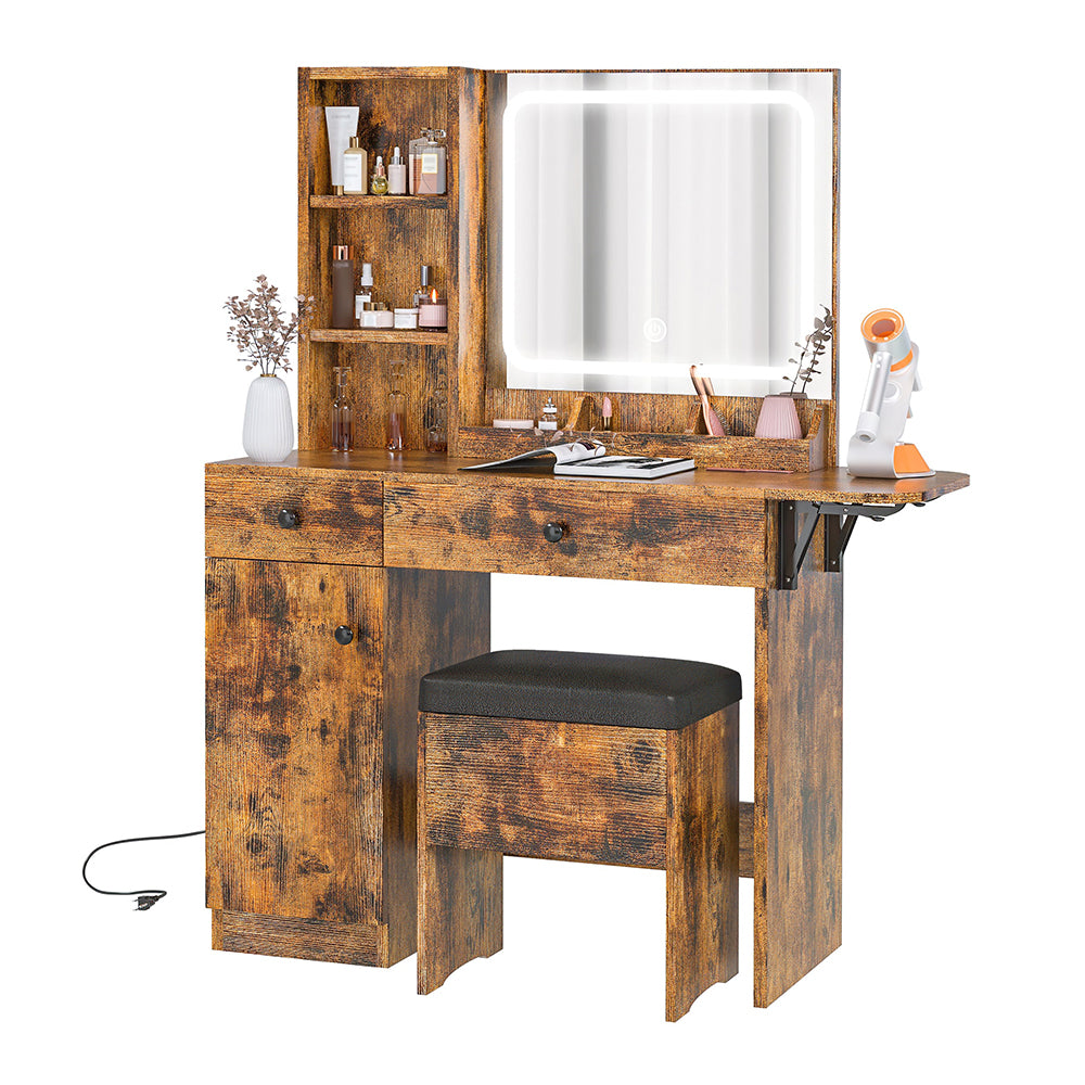 Vanity Desk with LED Lighted Mirror, Power Outlet & Storage Stool, White
