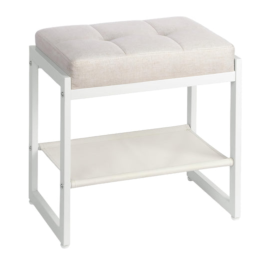 Faux Leather Vanity Stool with Gold Metal Legs & Storage Shelf, White
