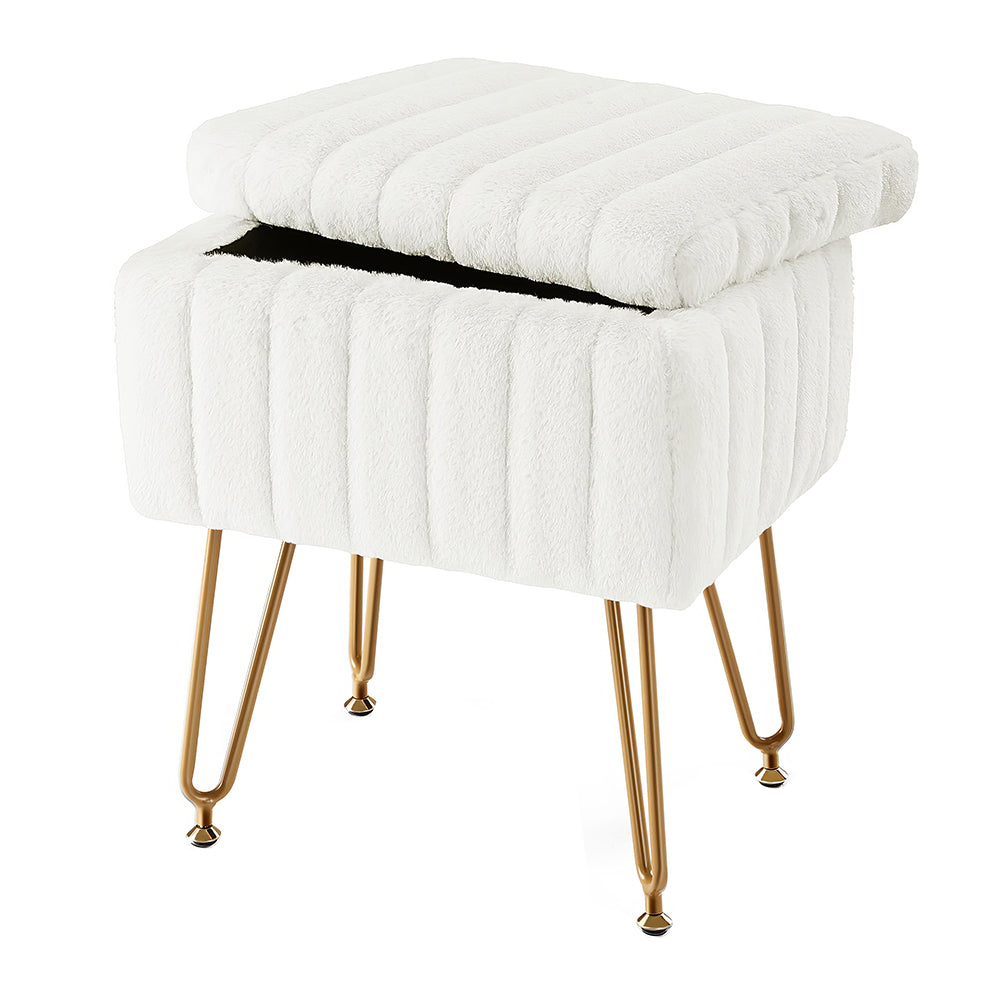 Vanity Stool with Storage, Faux Fur Padded Makeup Chair, 18.9”H