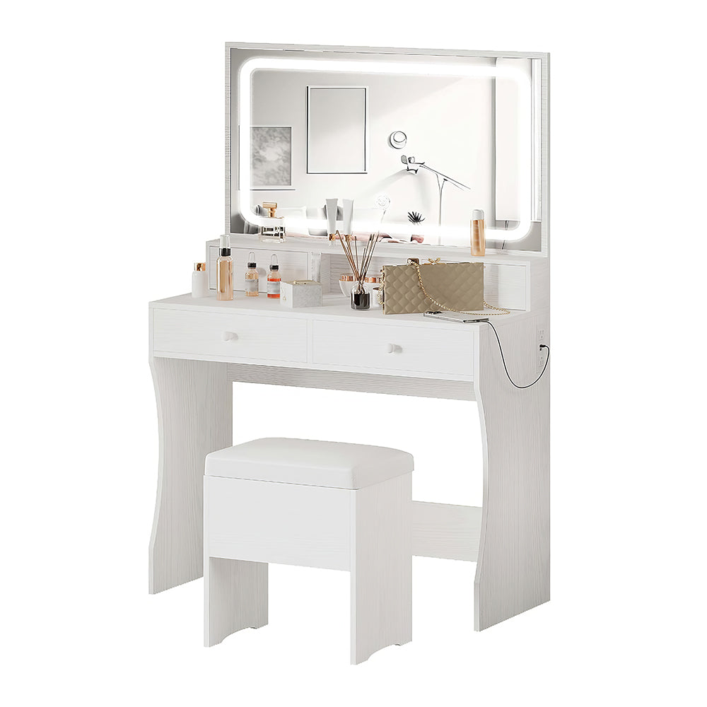 Vanity Desk with LED Mirror & Power Outlet, 4 Drawers, White Makeup Table