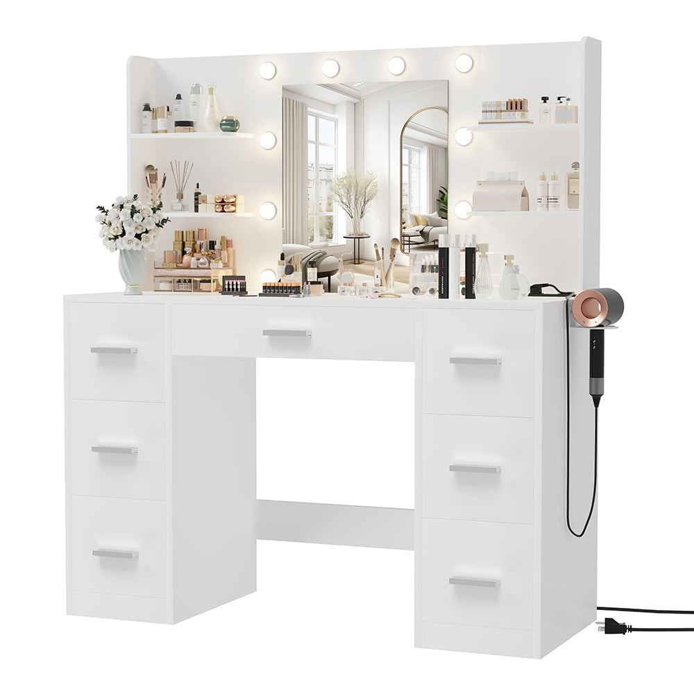 Vanity Desk with Mirror, LED Lights, Power Outlet & 7 Drawers, White
