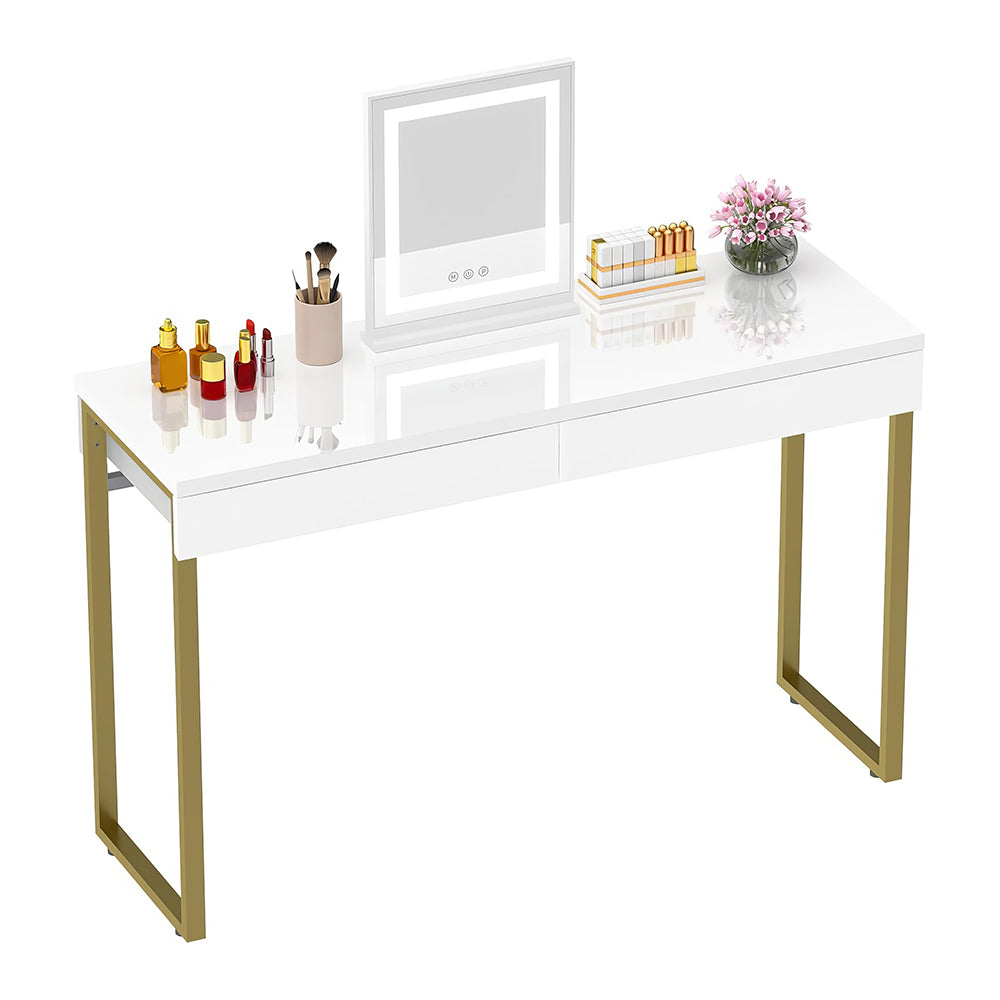 Vanity Desk with 2 Drawers, Glossy White Makeup Table for Bedroom, Small Desk