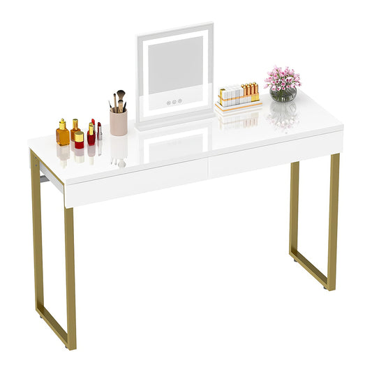 Vanity Desk with 2 Drawers, Glossy White Makeup Table for Bedroom, Small Desk