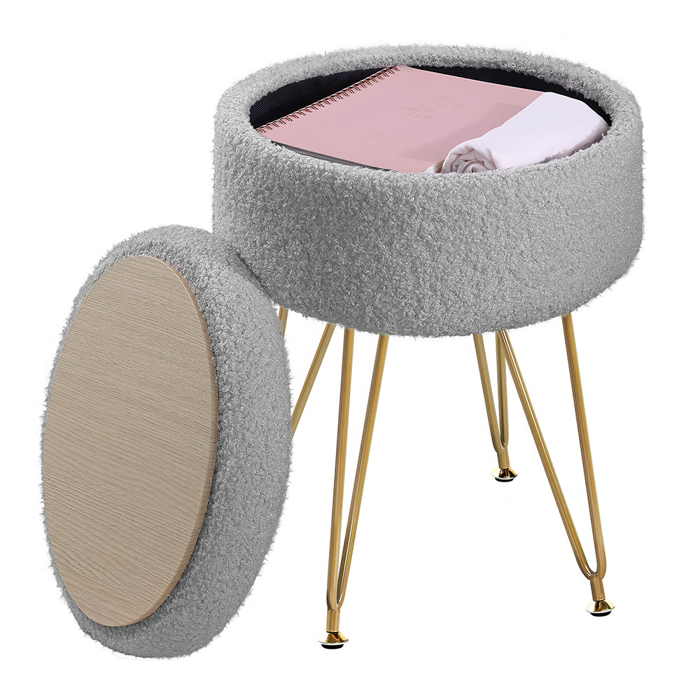 Round Storage Ottoman Footrest Stool, Vanity Chair with Faux Teddy Fur