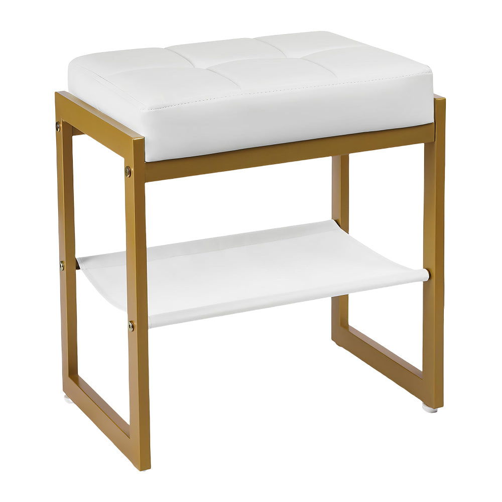Faux Leather Vanity Stool with Gold Metal Legs & Storage Shelf, White