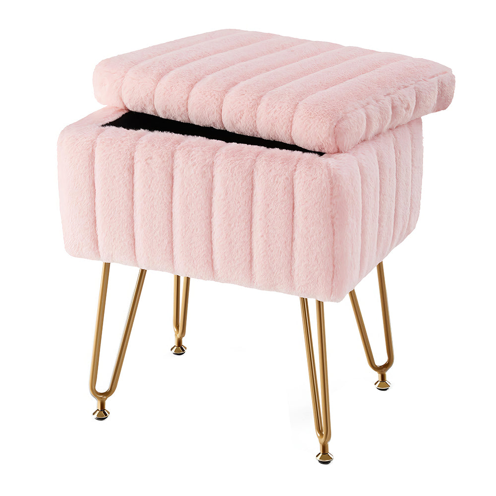 Vanity Stool with Storage, Faux Fur Padded Makeup Chair, 18.9”H