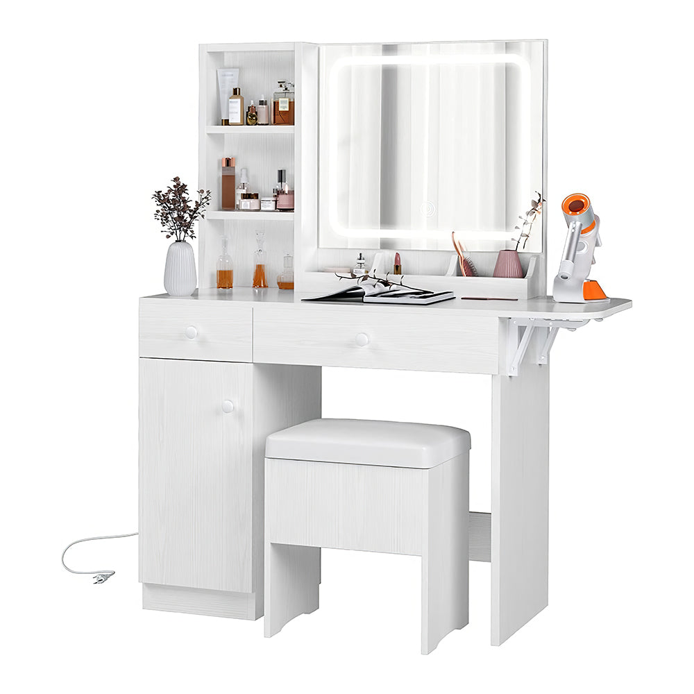 Vanity Desk with LED Lighted Mirror, Power Outlet & Storage Stool, White