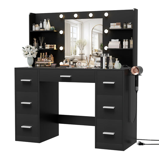 Vanity Desk with Mirror, LED Lights, Power Outlet & 7 Drawers, White