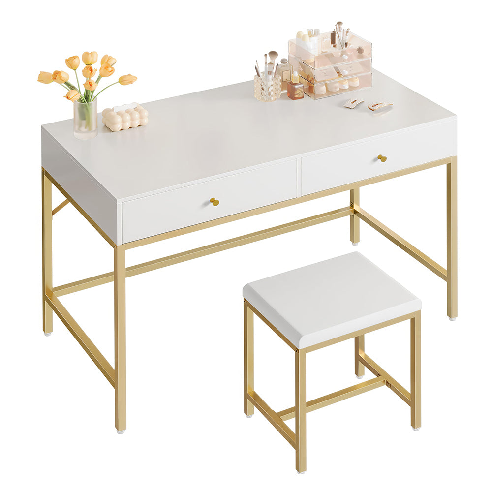 35.4" White & Gold Desk with 2 Drawers, Makeup Vanity & Padded Stool