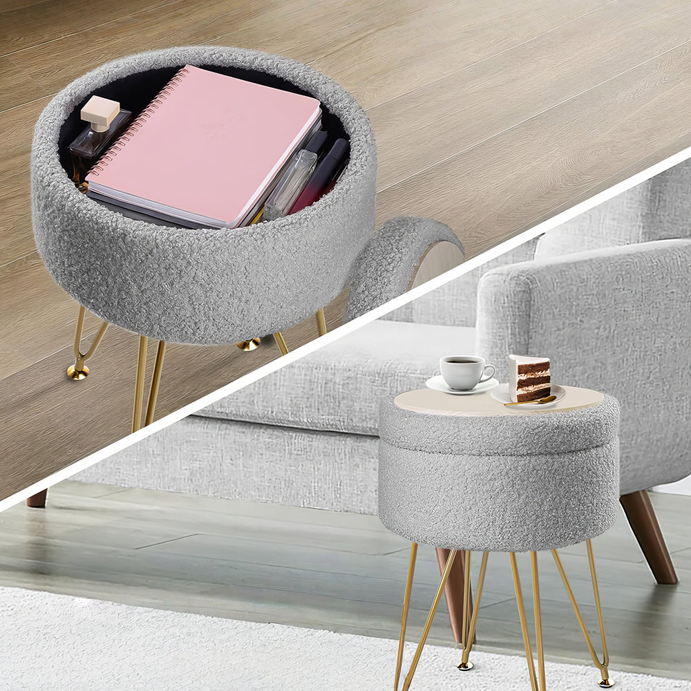 Round Storage Ottoman Footrest Stool, Vanity Chair with Faux Teddy Fur