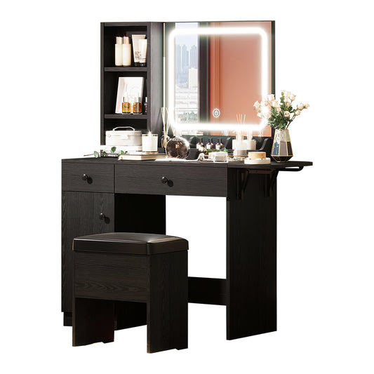 Vanity Desk with LED Lighted Mirror, Power Outlet & Storage Stool, White