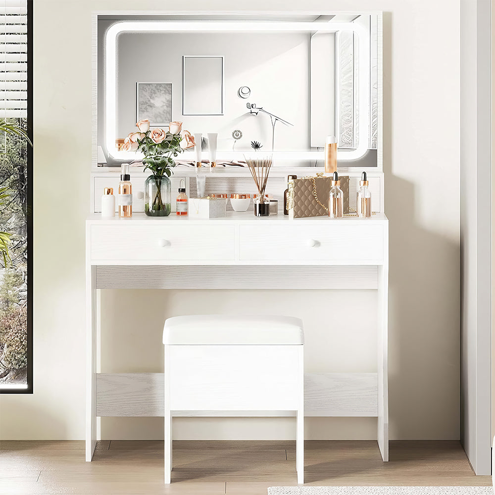 Vanity Desk with LED Mirror & Power Outlet, 4 Drawers, White Makeup Table