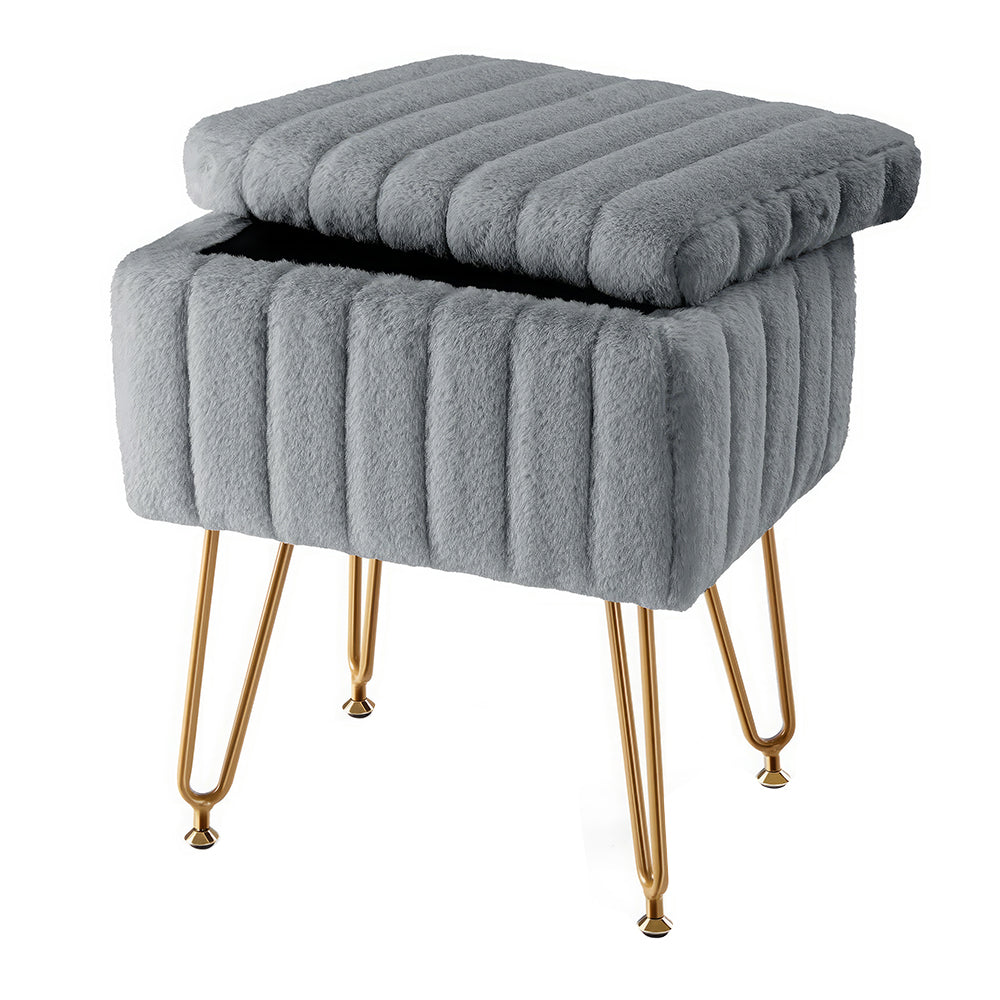 Vanity Stool with Storage, Faux Fur Padded Makeup Chair, 18.9”H
