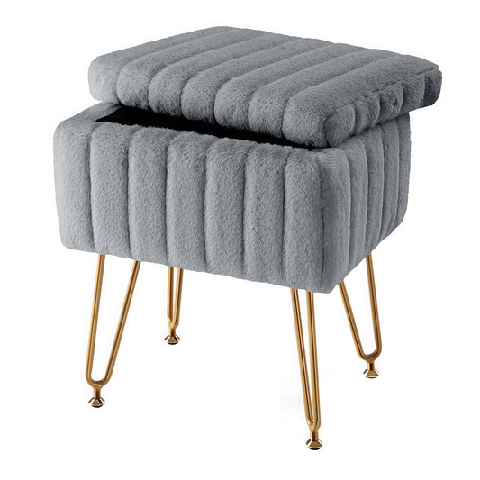 Vanity Stool with Storage, Faux Fur Padded Makeup Chair, 18.9”H