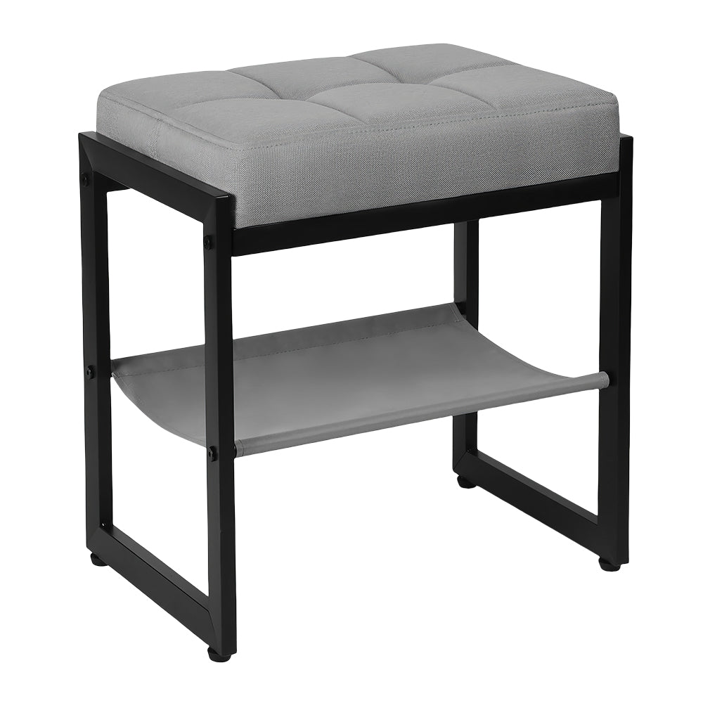 Faux Leather Vanity Stool with Gold Metal Legs & Storage Shelf, White