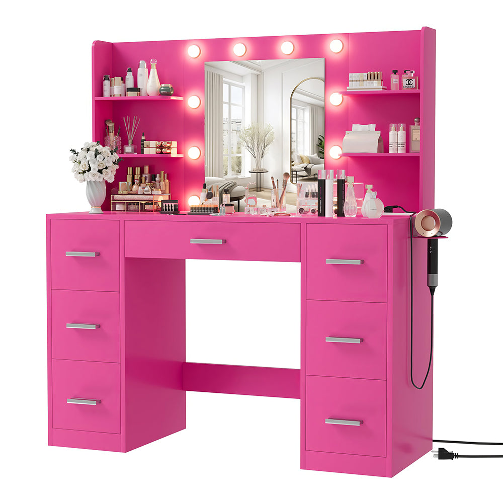 Vanity Desk with Mirror, LED Lights, Power Outlet & 7 Drawers, White