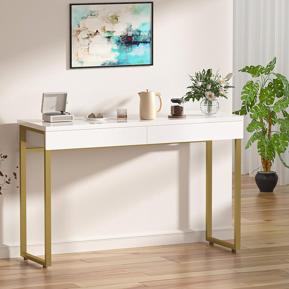 Vanity Desk with 2 Drawers, Glossy White Makeup Table for Bedroom, Small Desk