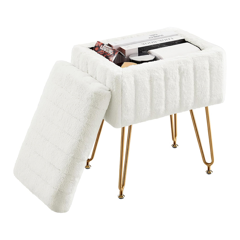 Vanity Stool with Storage, Faux Fur Padded Makeup Chair, 18.9”H