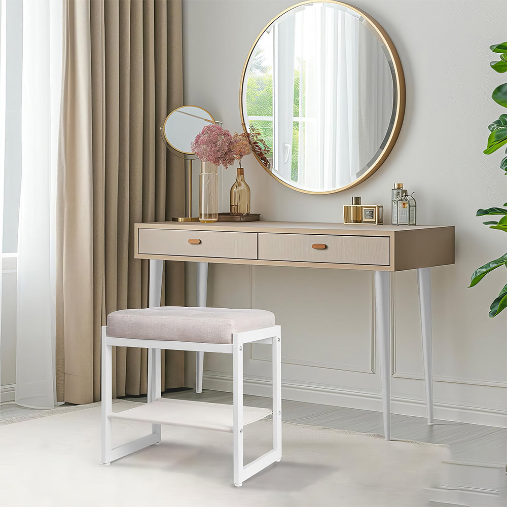 Faux Leather Vanity Stool with Gold Metal Legs & Storage Shelf, White