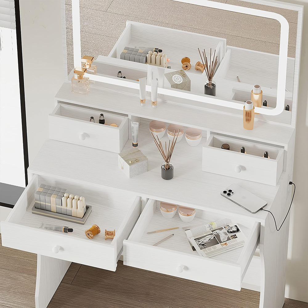 Vanity Desk with LED Mirror & Power Outlet, 4 Drawers, White Makeup Table