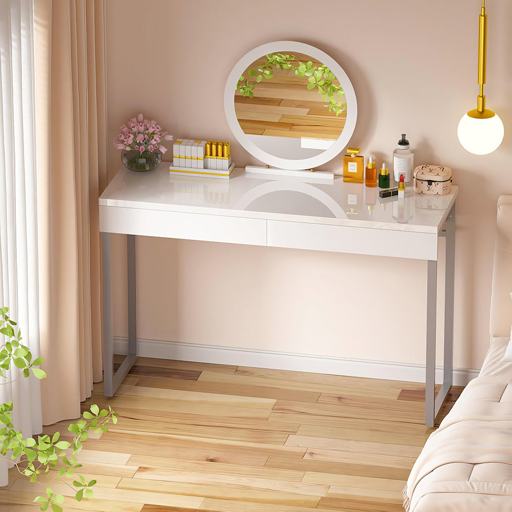 Vanity Desk with 2 Drawers, Glossy White Makeup Table for Bedroom, Small Desk