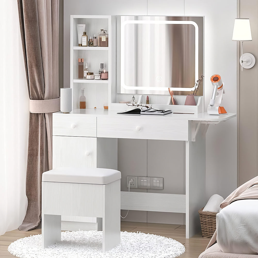 Vanity Desk with LED Lighted Mirror, Power Outlet & Storage Stool, White