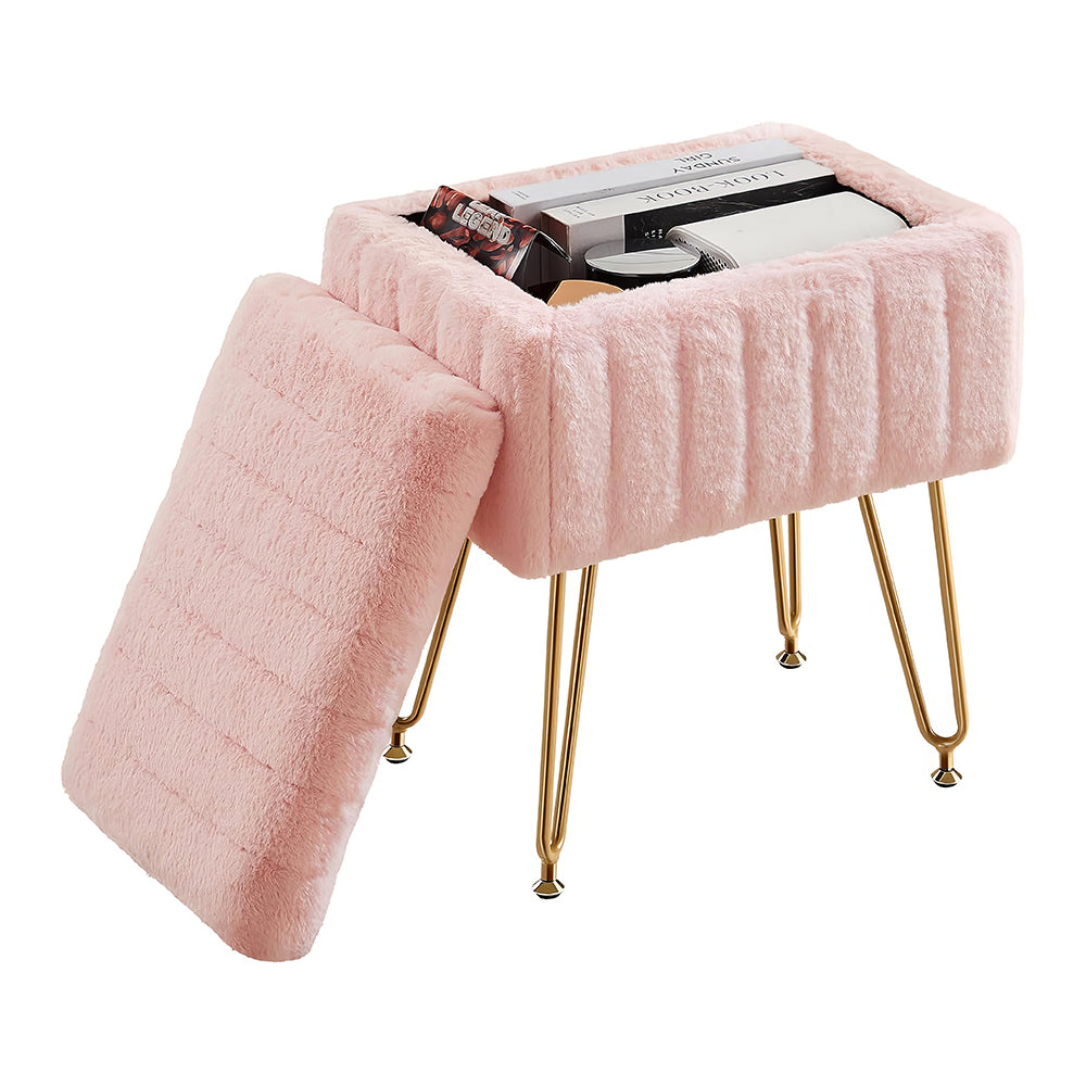 Vanity Stool with Storage, Faux Fur Padded Makeup Chair, 18.9”H