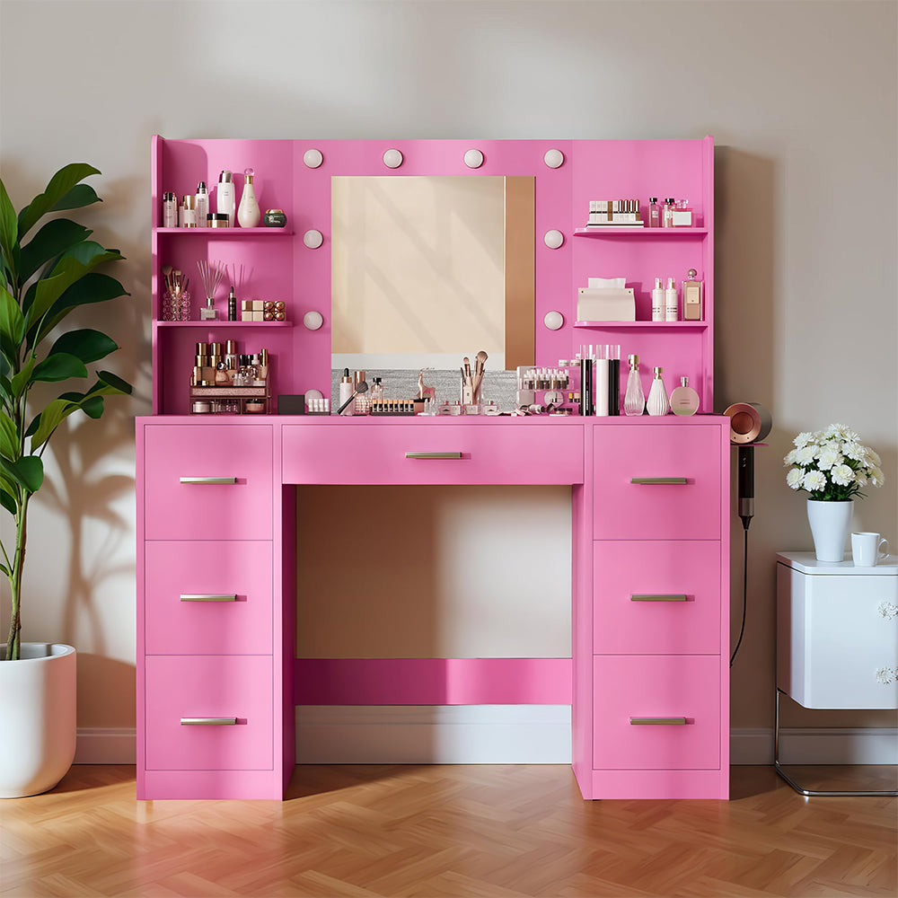 Vanity Desk with Mirror, LED Lights, Power Outlet & 7 Drawers, White