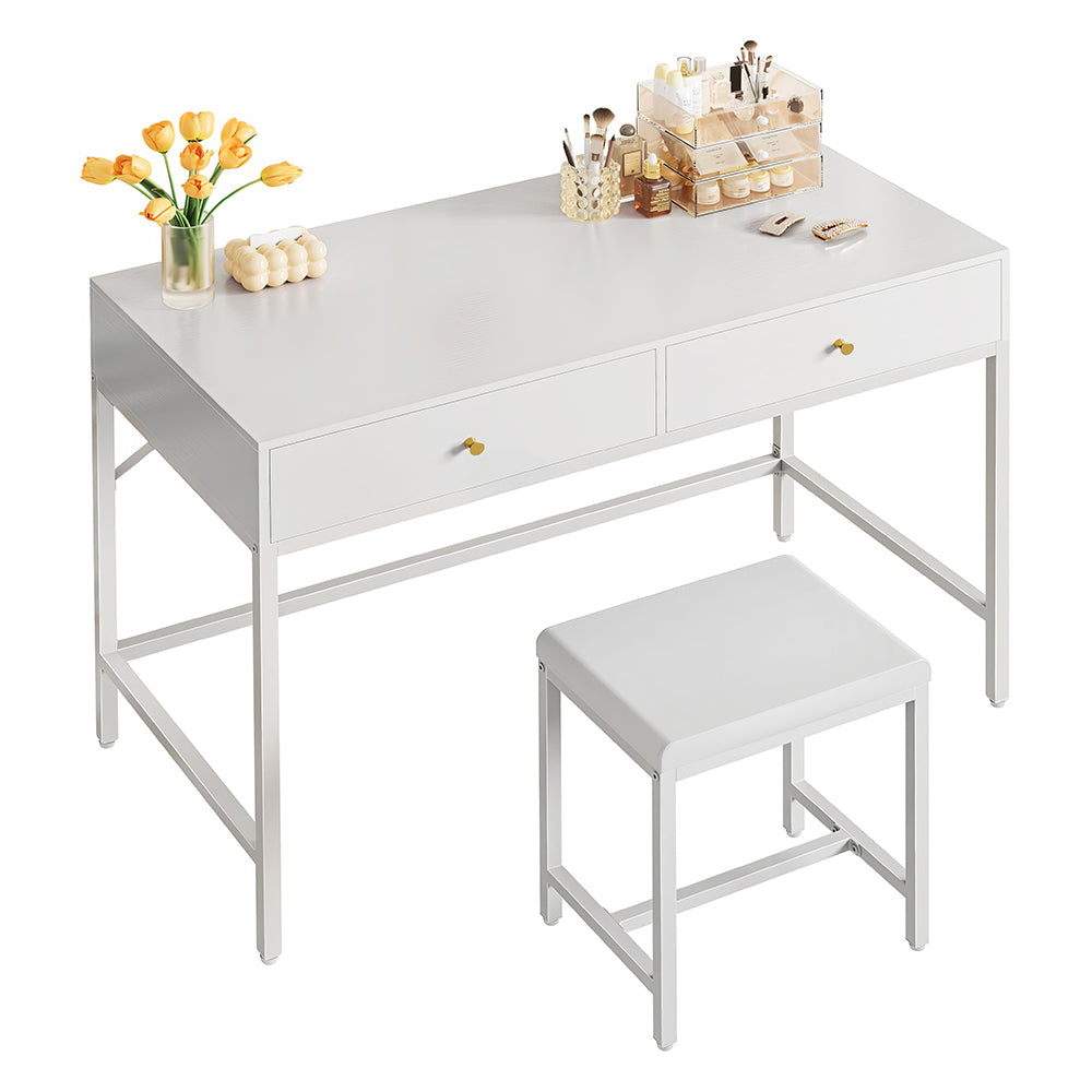 35.4" White & Gold Desk with 2 Drawers, Makeup Vanity & Padded Stool