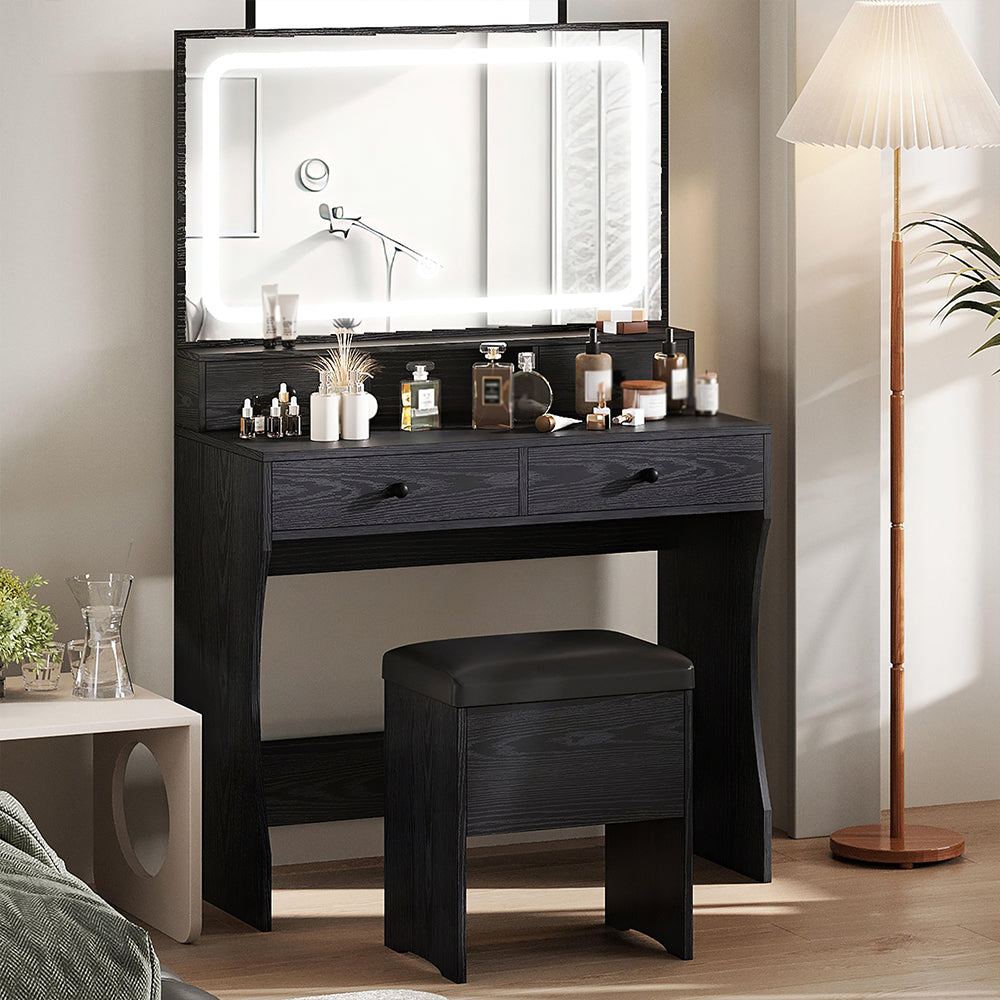 Vanity Desk with LED Mirror & Power Outlet, 4 Drawers, White Makeup Table