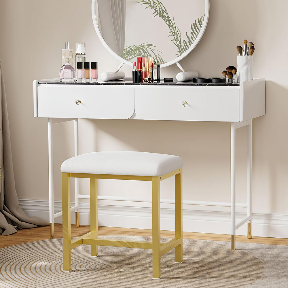 Small Vanity Stool with Cushion, White Makeup Chair for Bedroom & Living Room