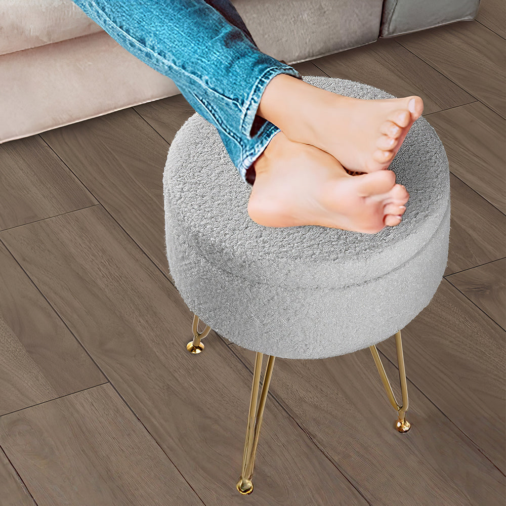 Round Storage Ottoman Footrest Stool, Vanity Chair with Faux Teddy Fur